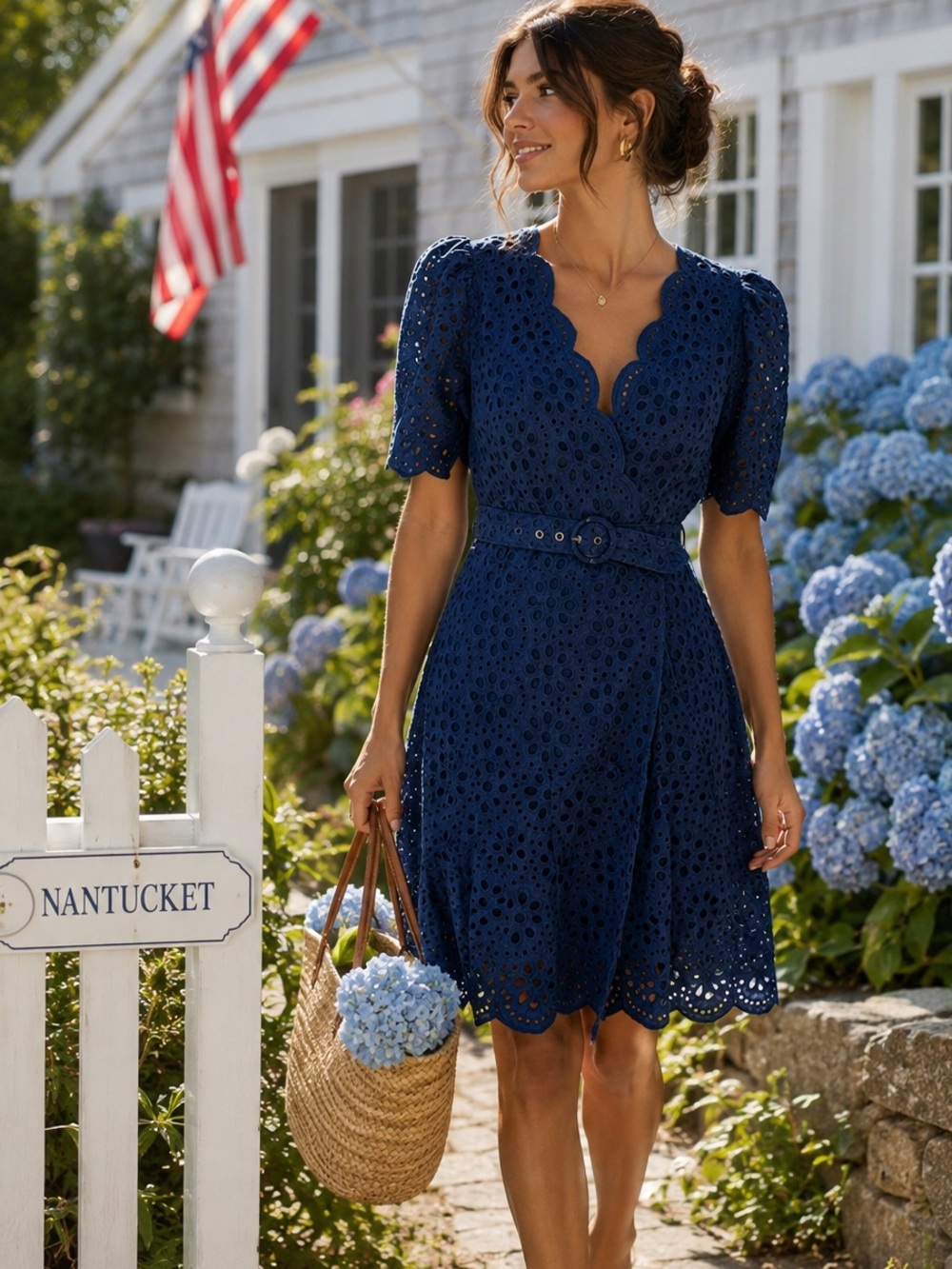 $588 NWT Cartolina Nantucket Luxury Eyelet Wrap Mini Dress Navy Blue Belted M